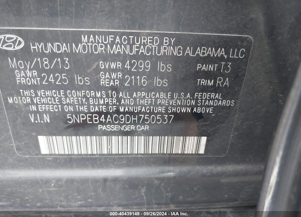 2013 HYUNDAI SONATA GLS VIN: 5NPEB4AC9DH750537