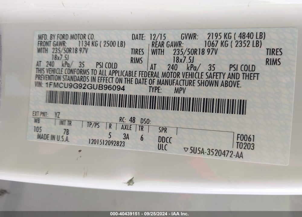2016 FORD ESCAPE SE VIN: 1FMCU9G92GUB96094