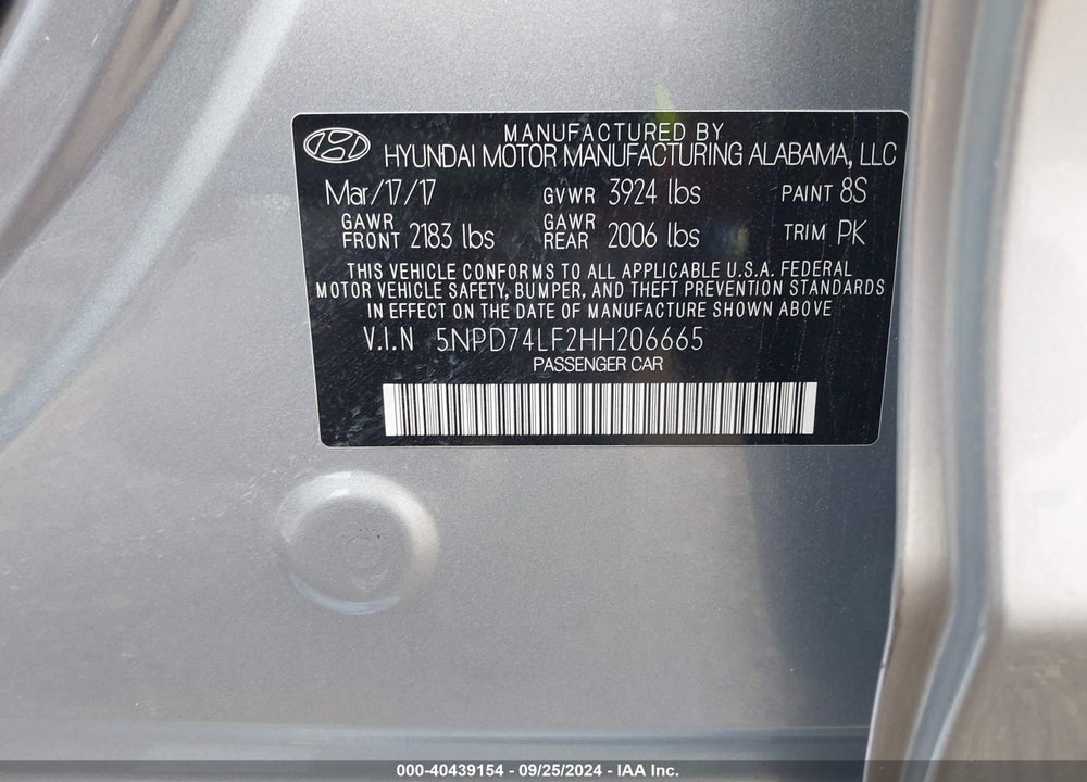 2017 HYUNDAI ELANTRA SE VIN: 5NPD74LF2HH206665