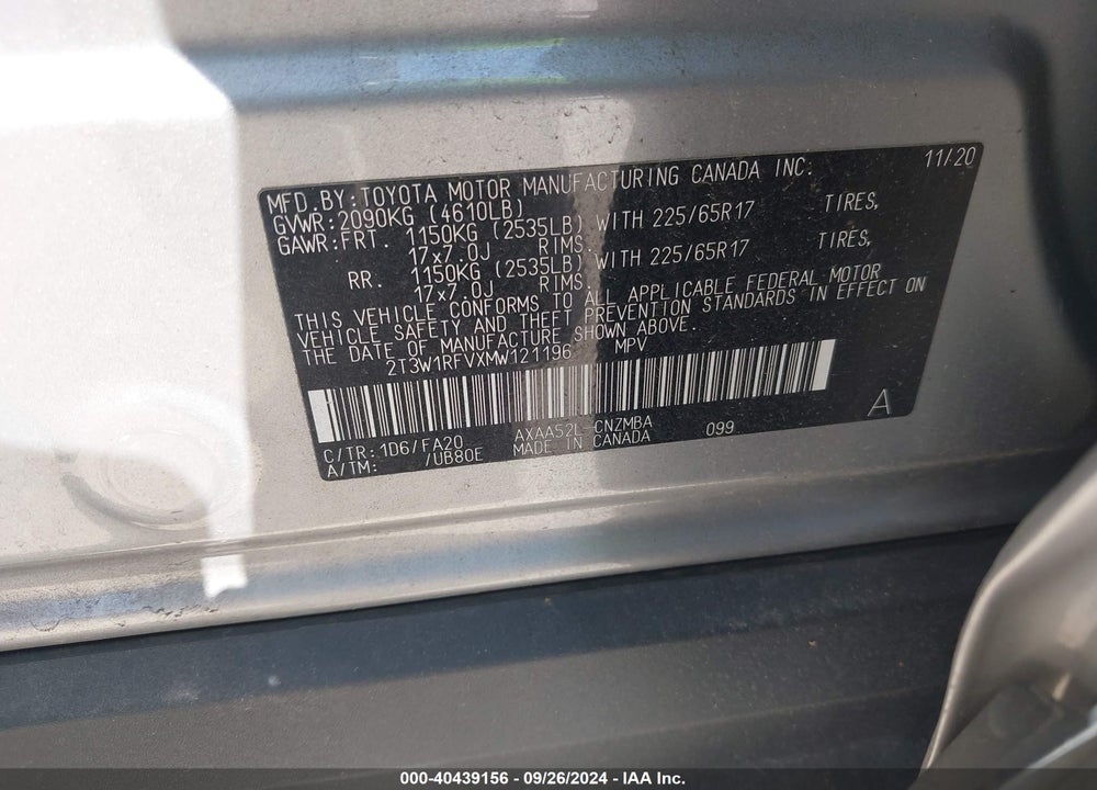 2021 TOYOTA RAV4 XLE VIN: 2T3W1RFVXMW121196