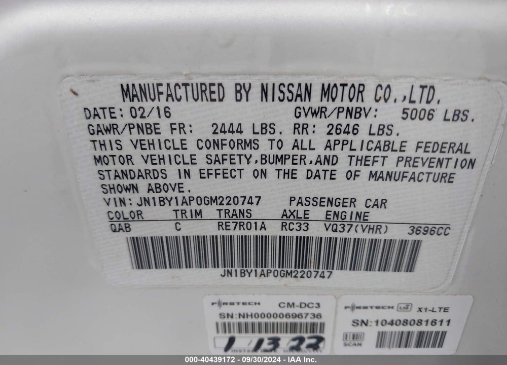 2016 INFINITI Q70 3.7 VIN: JN1BY1AP0GM220747