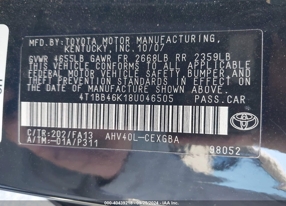 2008 TOYOTA CAMRY HYBRID VIN: 4T1BB46K18U046505