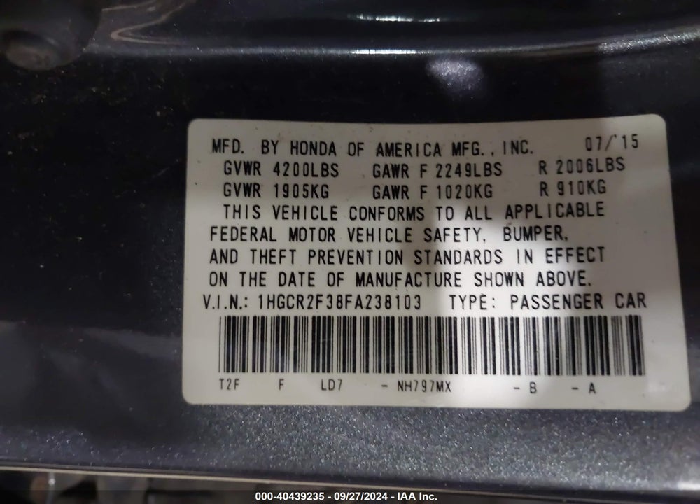 2015 HONDA ACCORD LX VIN: 1HGCR2F38FA238103