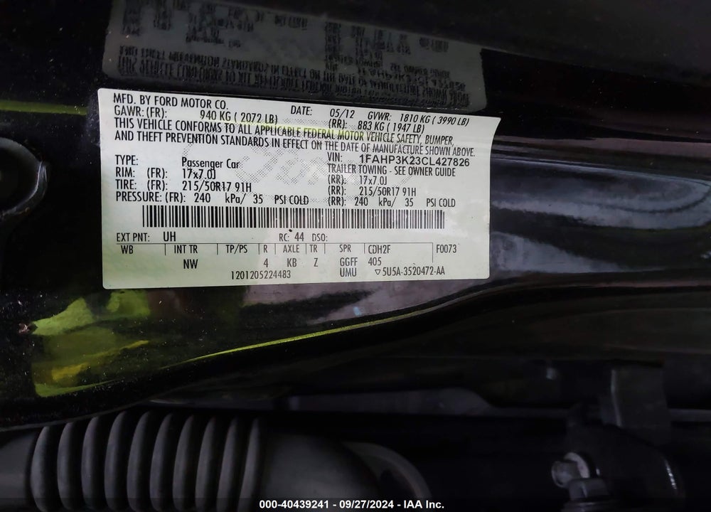 2012 FORD FOCUS SE VIN: 1FAHP3K23CL427826