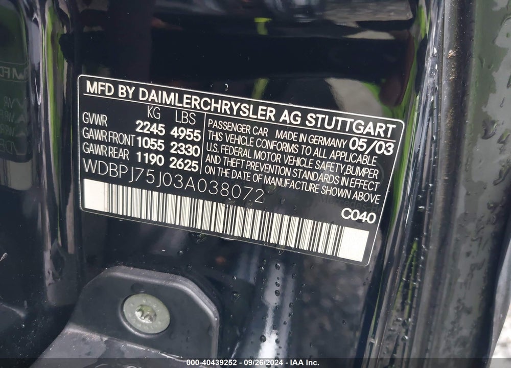 2003 MERCEDES-BENZ CL 500 VIN: WDBPJ75J03A038072