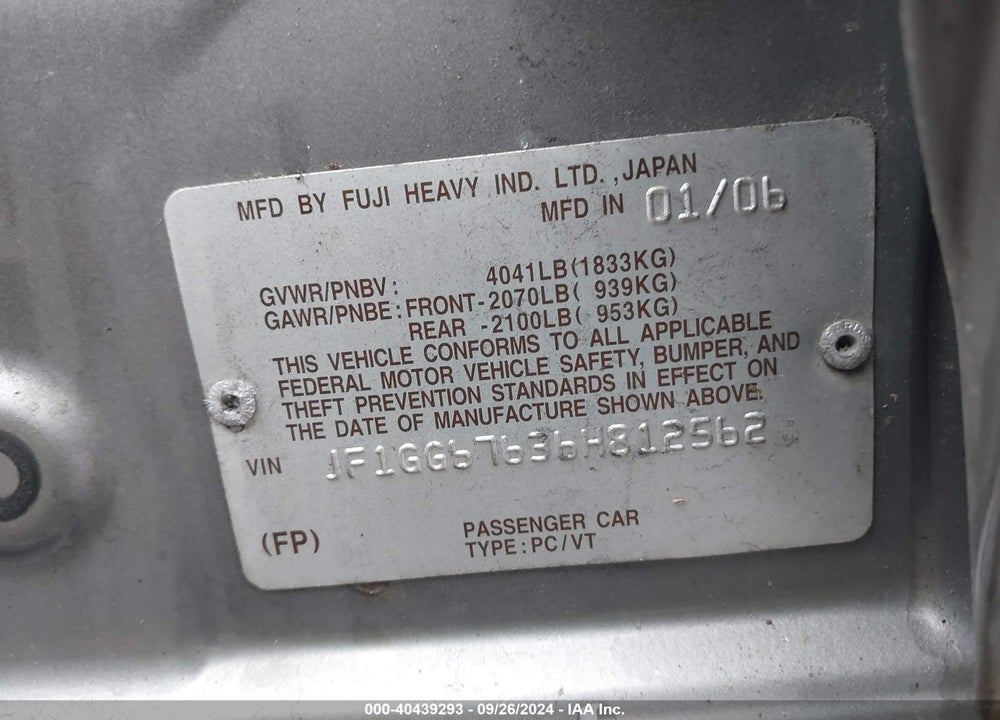 2006 SUBARU IMPREZA 2.5I VIN: JF1GG67636H812562