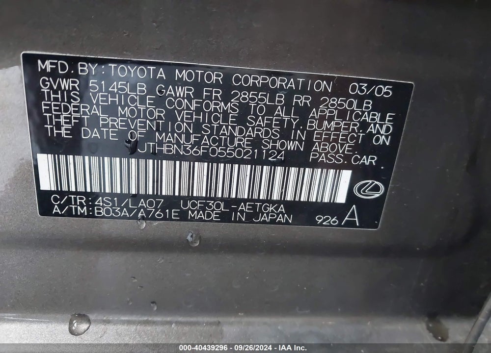 2005 LEXUS LS 430 VIN: JTHBN36F055021124