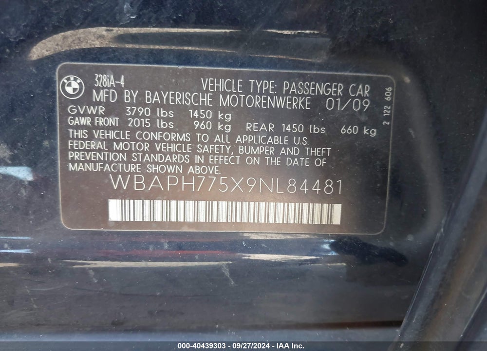 2009 BMW 328I VIN: WBAPH775X9NL84481