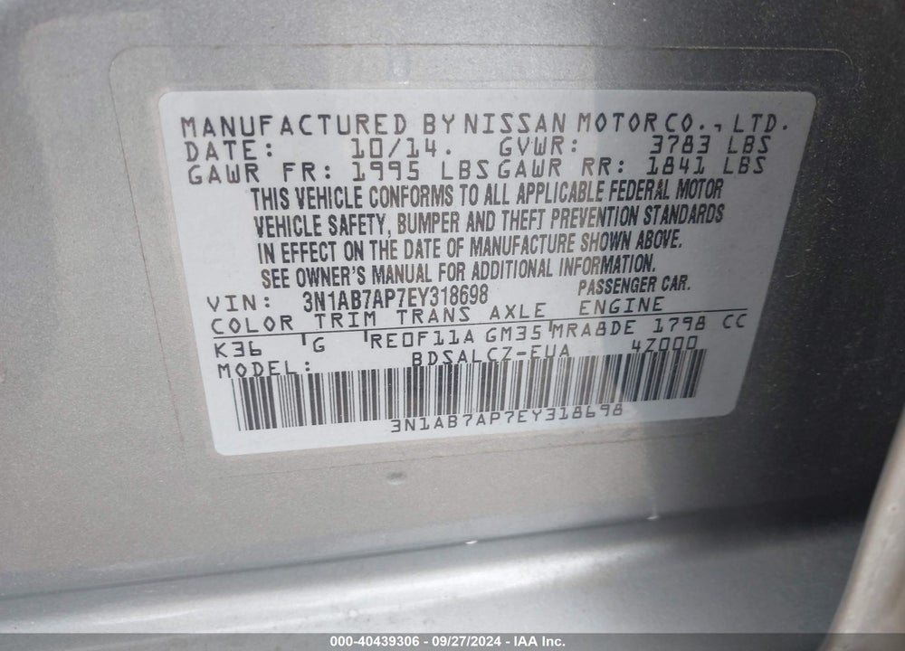 2014 NISSAN SENTRA S VIN: 3N1AB7AP7EY318698