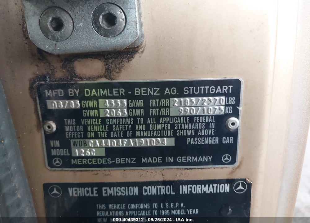 1985 MERCEDES-BENZ 500 SEC VIN: WDBCA44D4FA191034