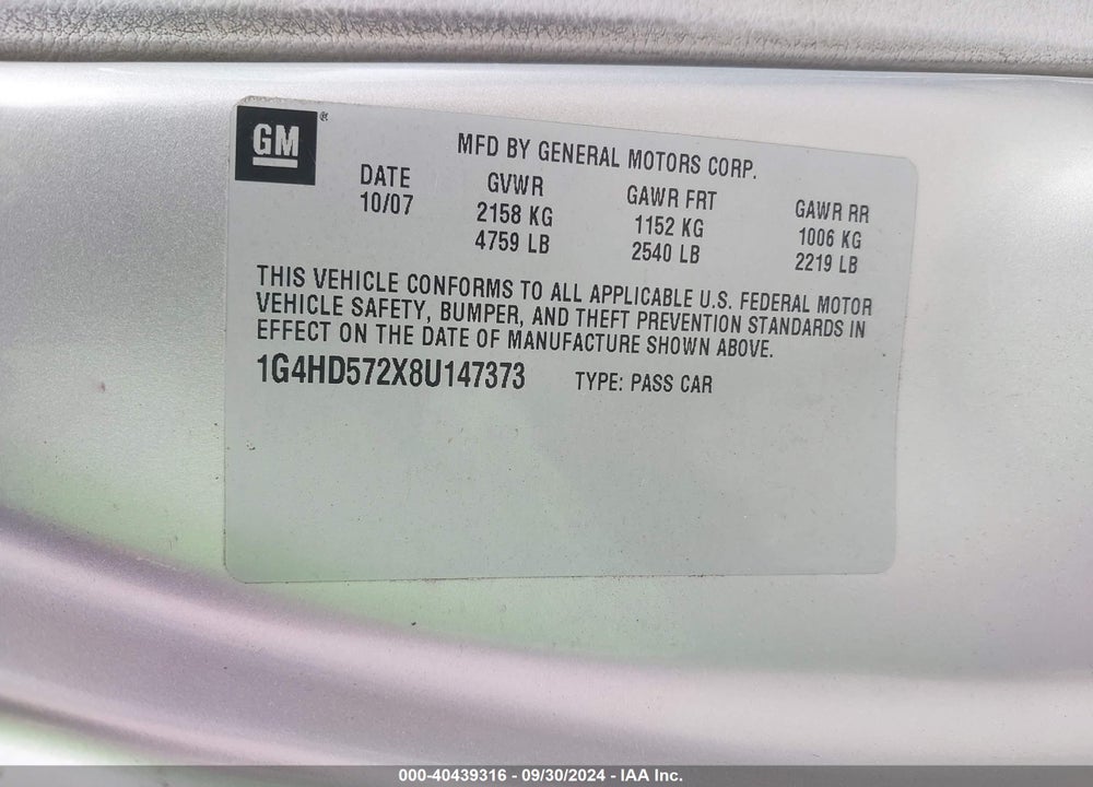 2008 BUICK LUCERNE VIN: 1G4HD572X8U147373