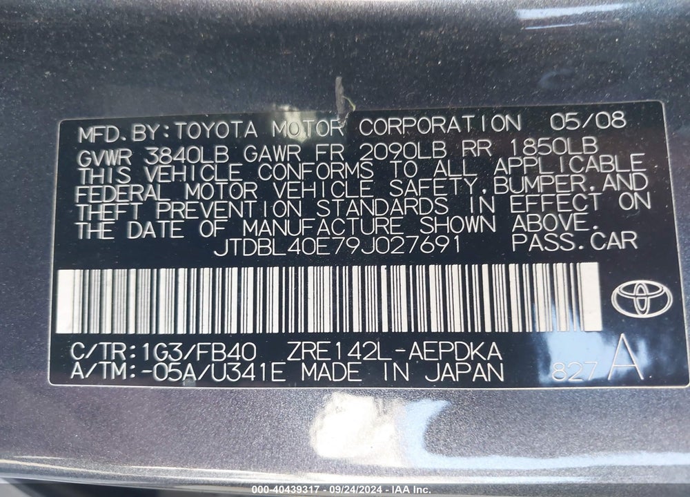 2009 TOYOTA COROLLA VIN: JTDBL40E79J027691