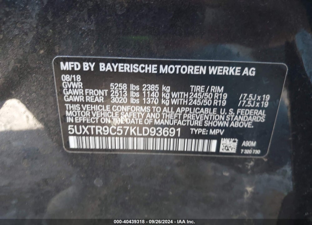 2019 BMW X3 XDRIVE30I VIN: 5UXTR9C57KLD93691