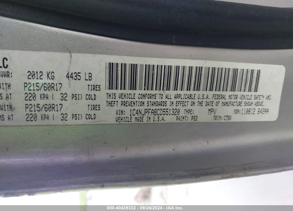 2012 JEEP PATRIOT LATITUDE VIN: 1C4NJPFA8CD551320