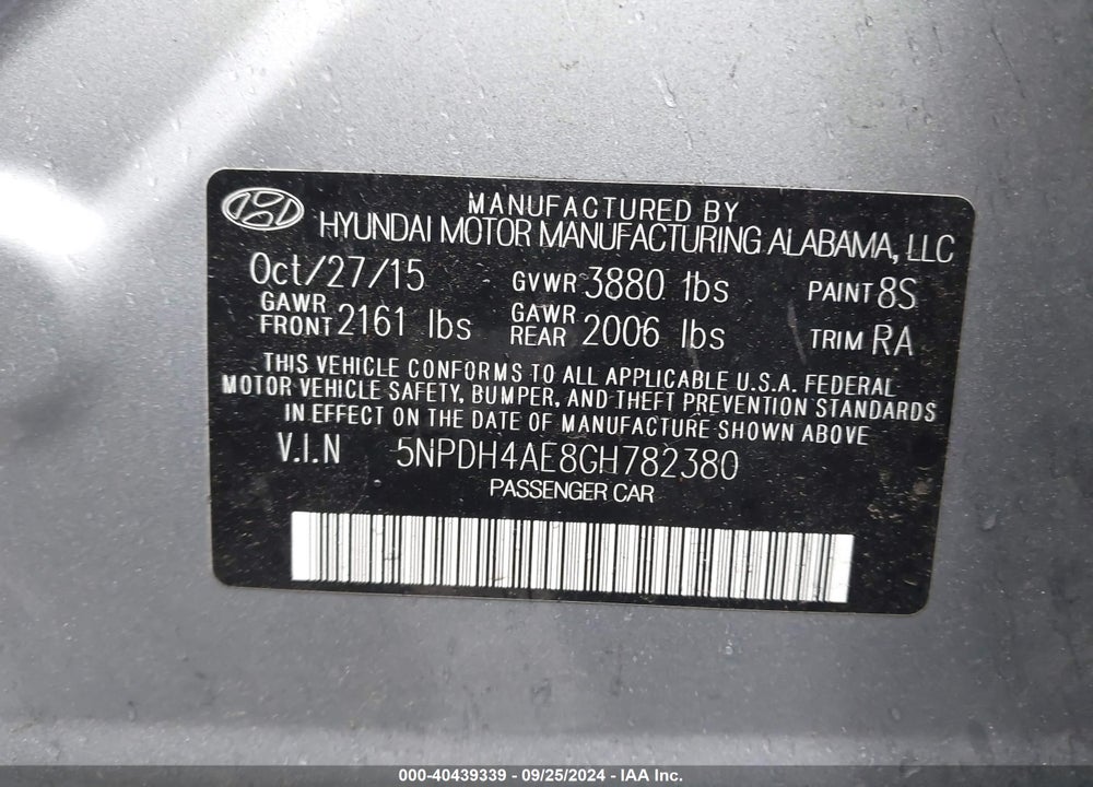 2016 HYUNDAI ELANTRA SE VIN: 5NPDH4AE8GH782380