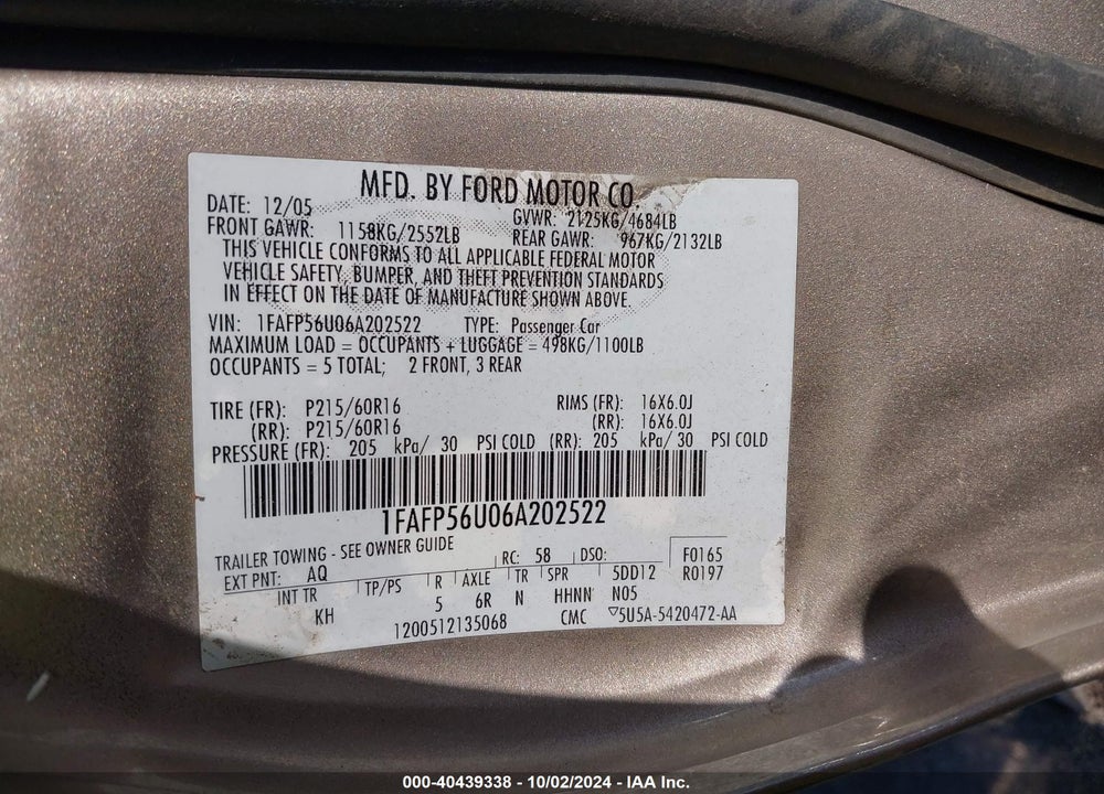 2006 FORD TAURUS SEL VIN: 1FAFP56U06A202522
