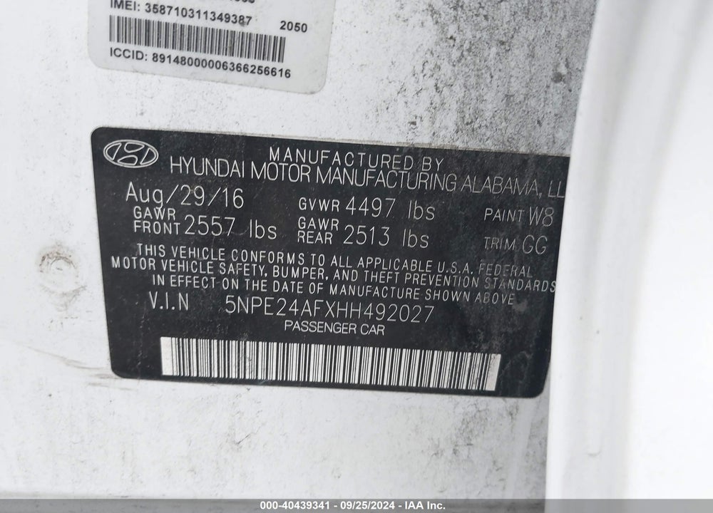 2017 HYUNDAI SONATA VIN: 5NPE24AFXHH492027