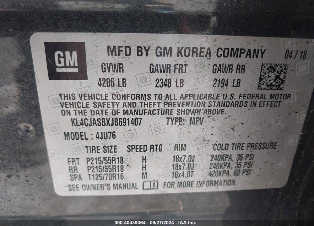 2018 BUICK ENCORE PREFERRED VIN: KL4CJASBXJB691407