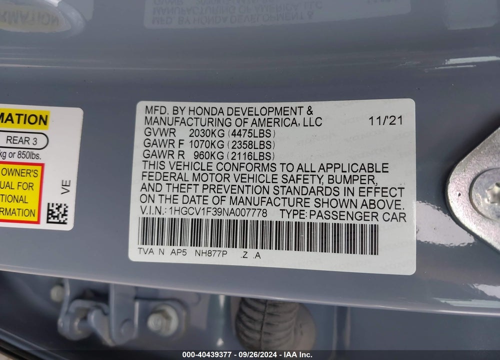 2022 HONDA ACCORD SPORT VIN: 1HGCV1F39NA007778