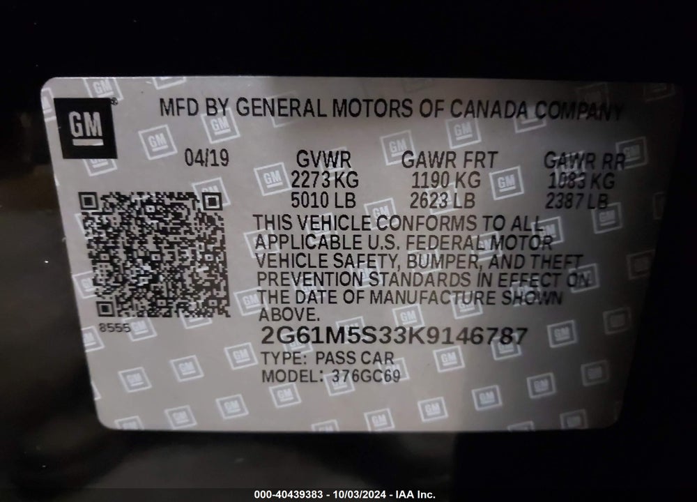 2019 CADILLAC XTS LUXURY VIN: 2G61M5S33K9146787
