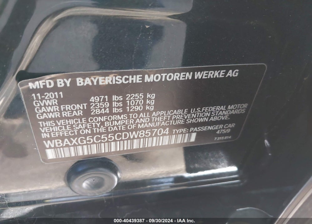 2012 BMW 528I VIN: WBAXG5C55CDW85704