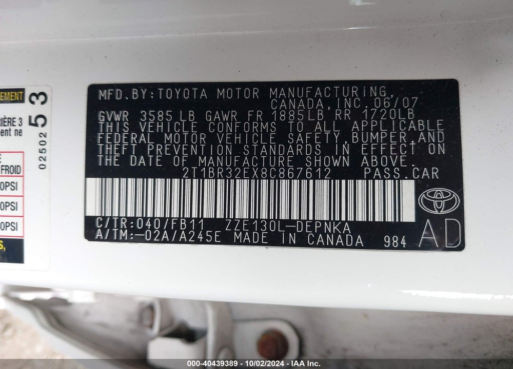 2008 TOYOTA COROLLA LE VIN: 2T1BR32EX8C867612