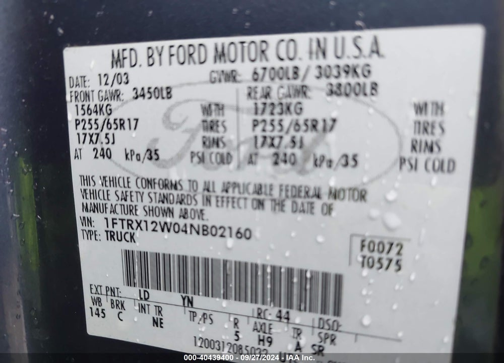 2004 FORD F-150 STX/XL/XLT VIN: 1FTRX12W04NB02160