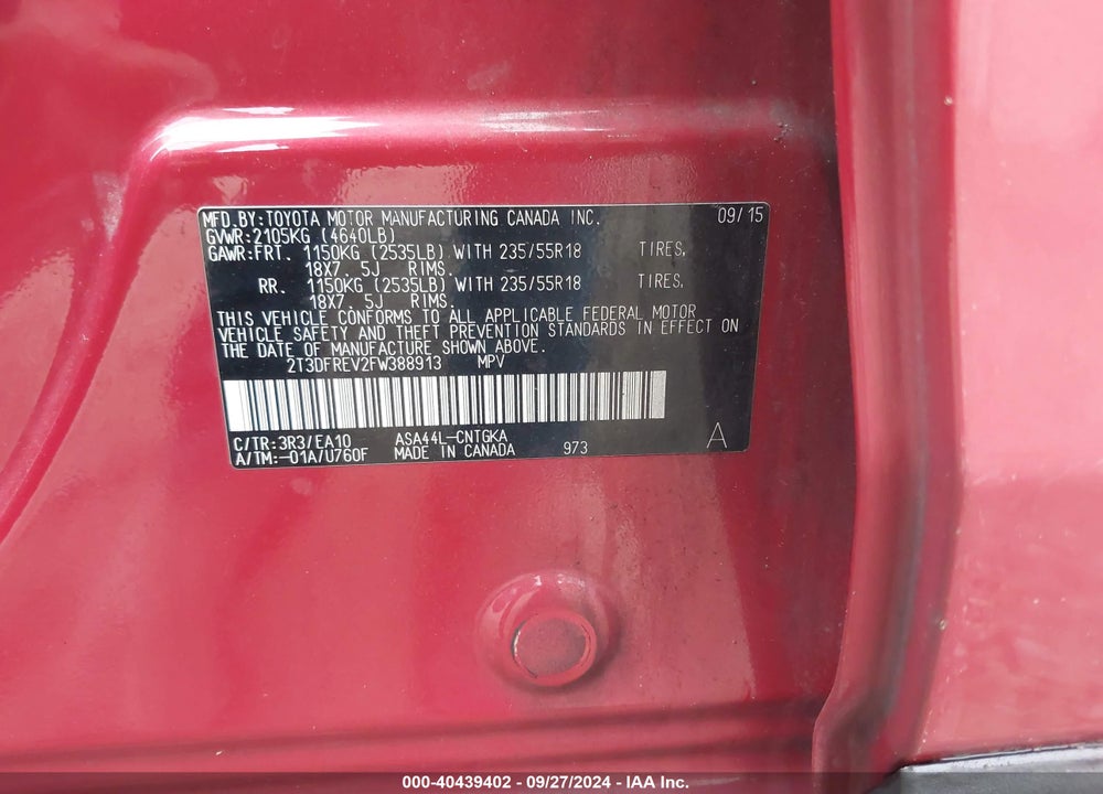 2015 TOYOTA RAV4 LIMITED VIN: 2T3DFREV2FW388913