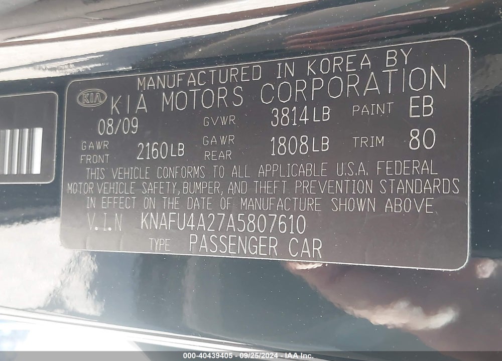 2010 KIA FORTE EX VIN: KNAFU4A27A5807610