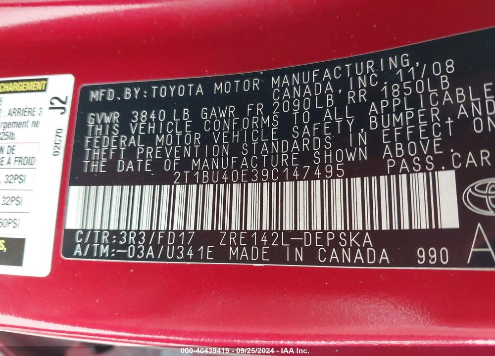 2009 TOYOTA COROLLA S VIN: 2T1BU40E39C147495