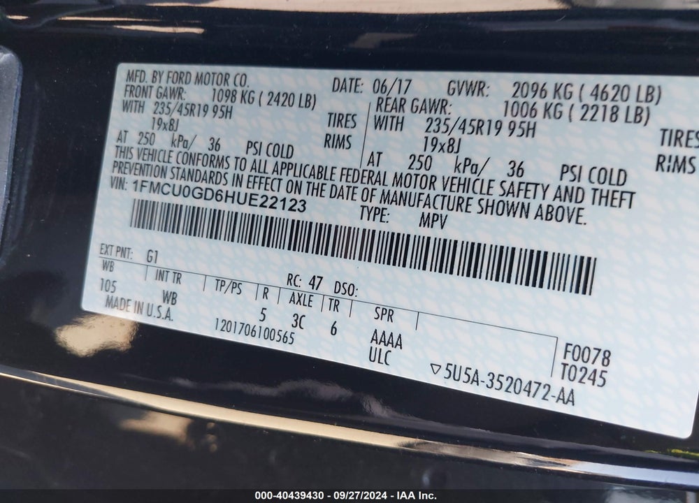 2017 FORD ESCAPE SE VIN: 1FMCU0GD6HUE22123