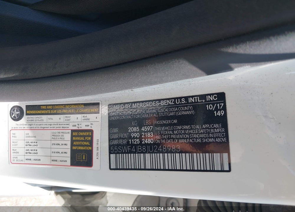 2018 MERCEDES-BENZ C 300 VIN: 55SWF4JB8JU248983