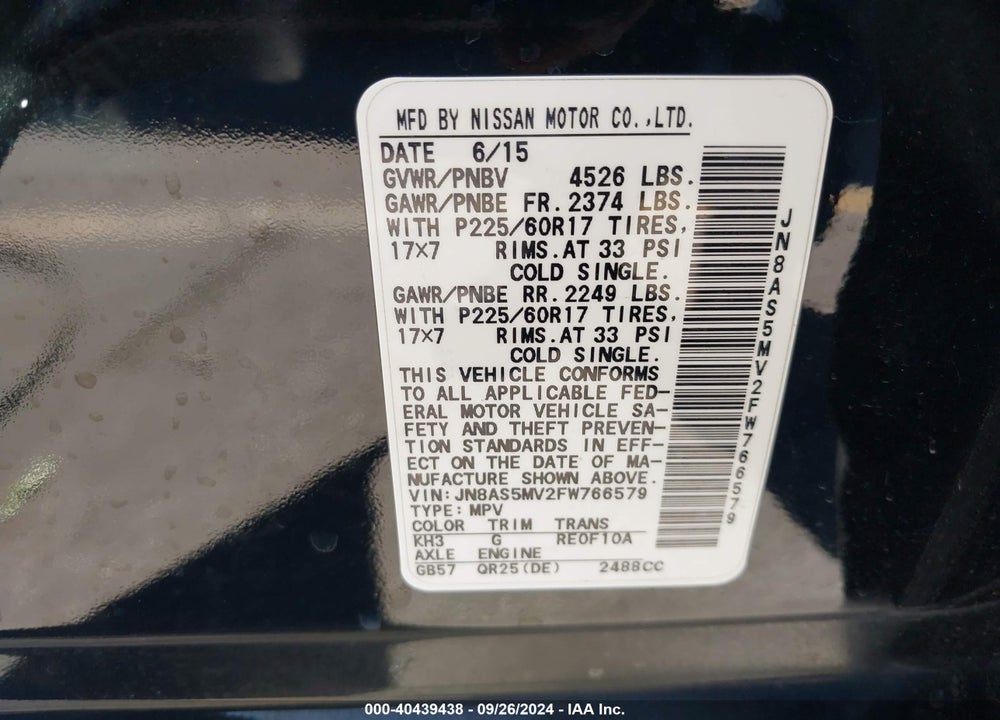 2015 NISSAN ROGUE SELECT S VIN: JN8AS5MV2FW766579