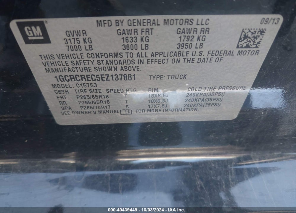 2014 CHEVROLET SILVERADO 1500 2LT VIN: 1GCRCREC5EZ137881