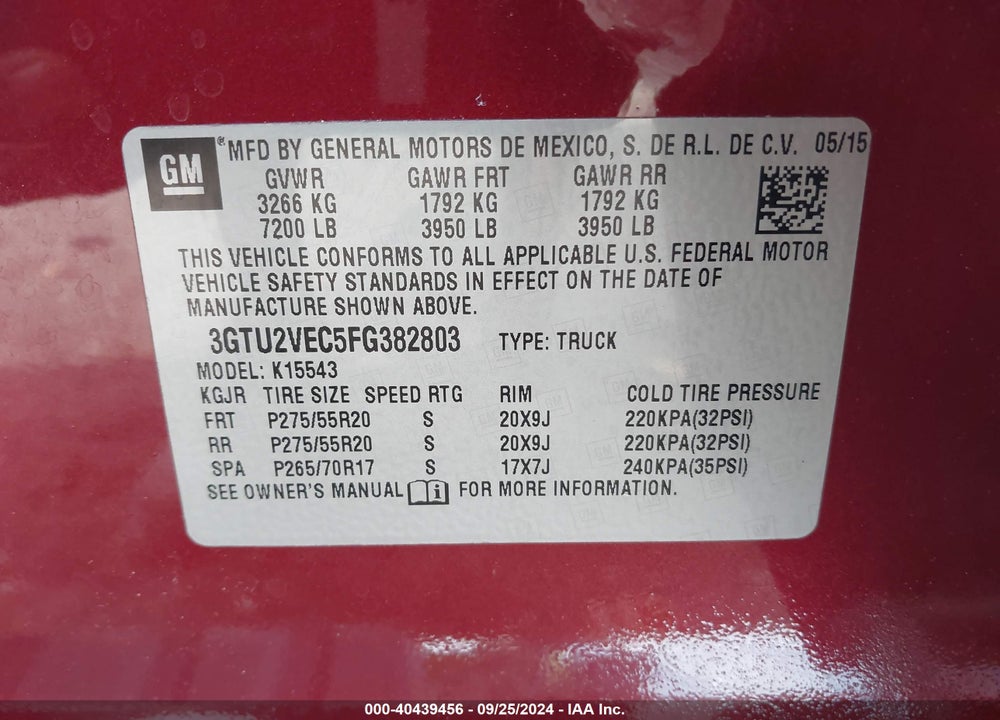 2015 GMC SIERRA 1500 SLT VIN: 3GTU2VEC5FG382803