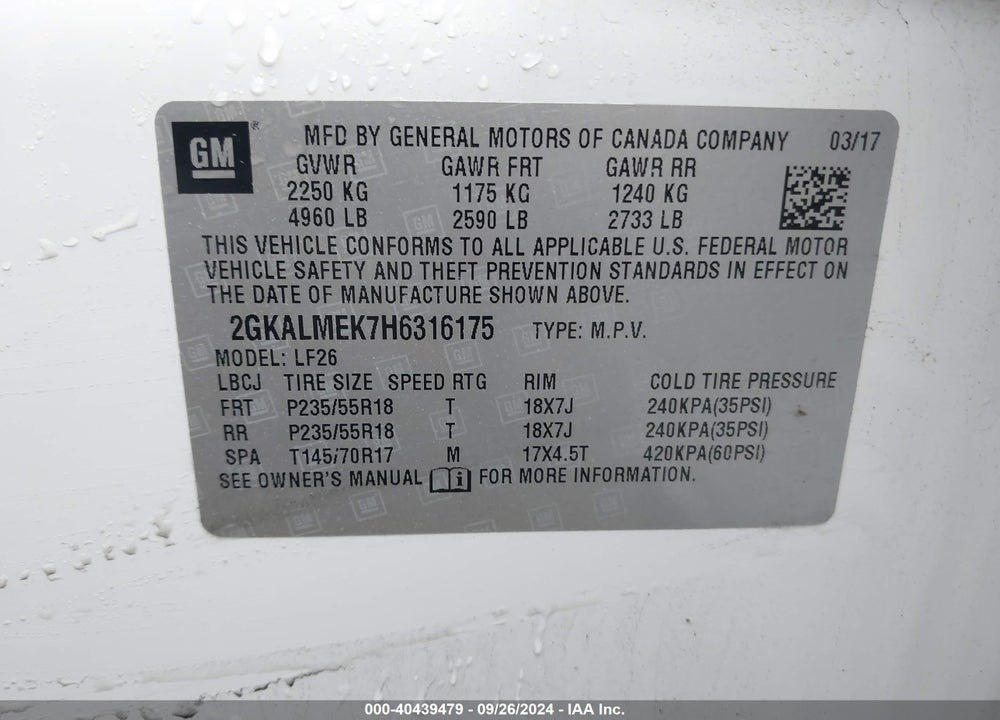 2017 GMC TERRAIN SLE-1 VIN: 2GKALMEK7H6316175
