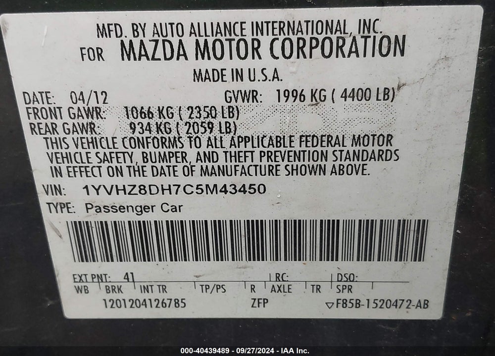 2012 MAZDA MAZDA6 VIN: 1YVHZ8DH7C5M43450