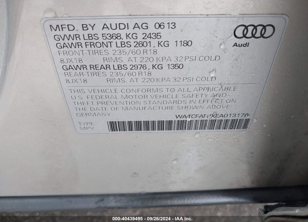 2014 AUDI Q5 2.0T PREMIUM VIN: WA1CFAFPXEA013176