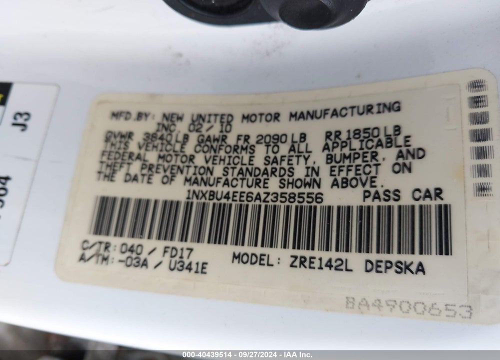 2010 TOYOTA COROLLA S VIN: 1NXBU4EE6AZ358556