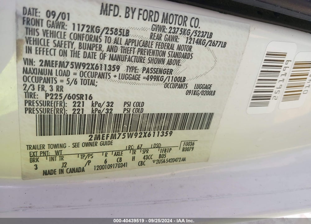 2002 MERCURY GRAND MARQUIS LS VIN: 2MEFM75W92X611359