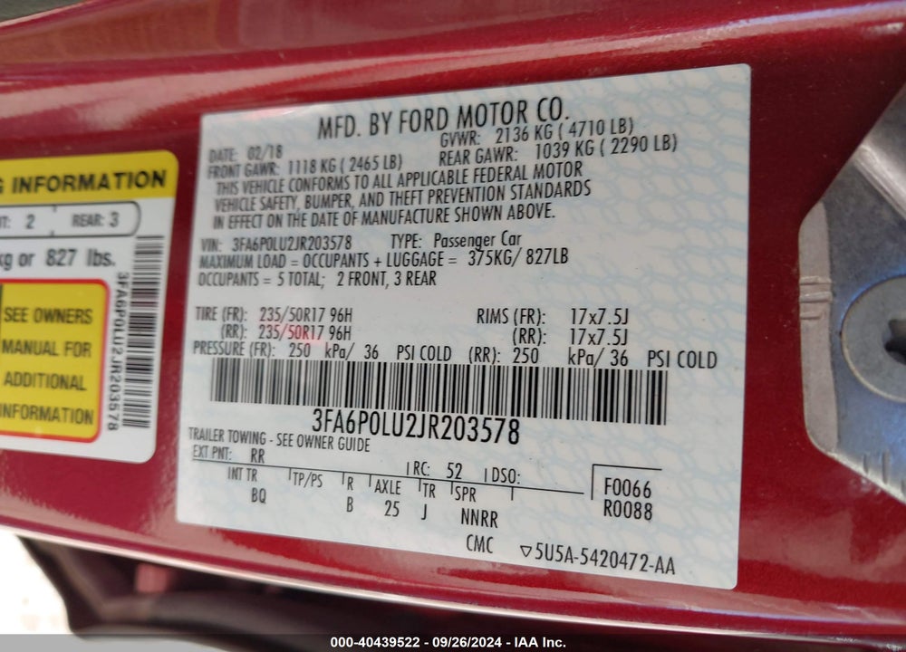 2018 FORD FUSION HYBRID SE VIN: 3FA6P0LU2JR203578