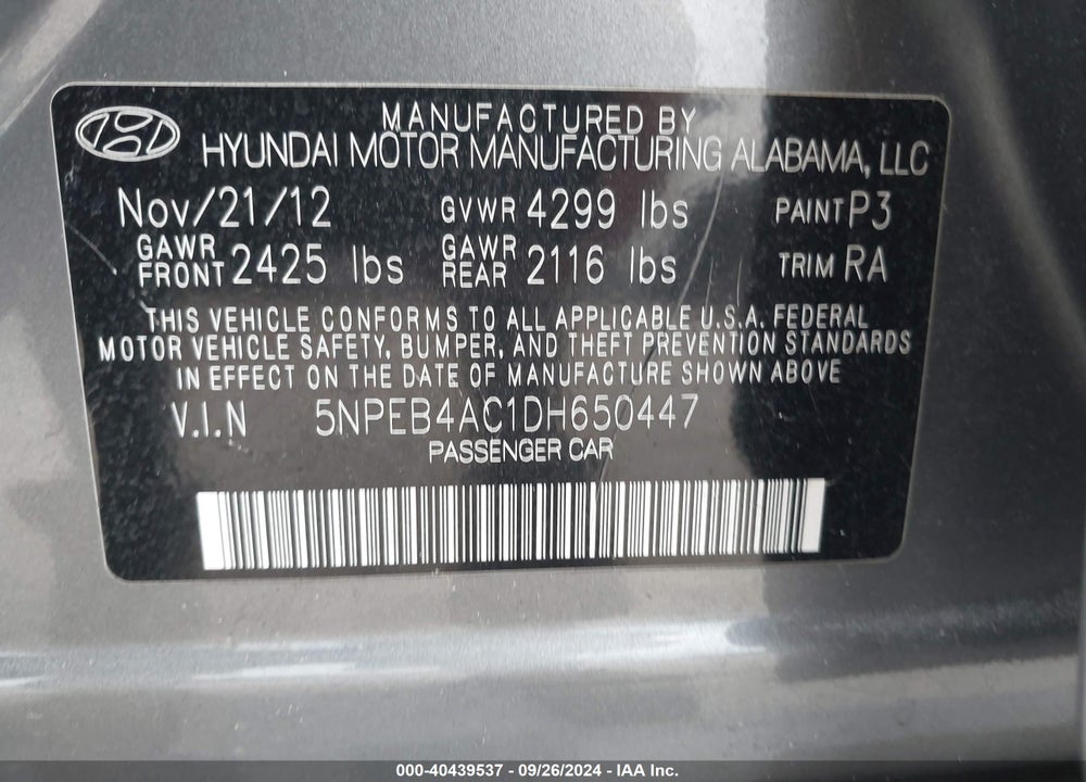 2013 HYUNDAI SONATA GLS VIN: 5NPEB4AC1DH650447