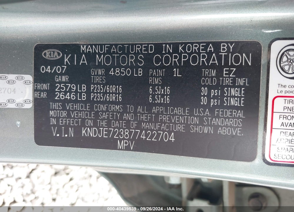 2007 KIA SPORTAGE LX V6 VIN: KNDJE723877422704
