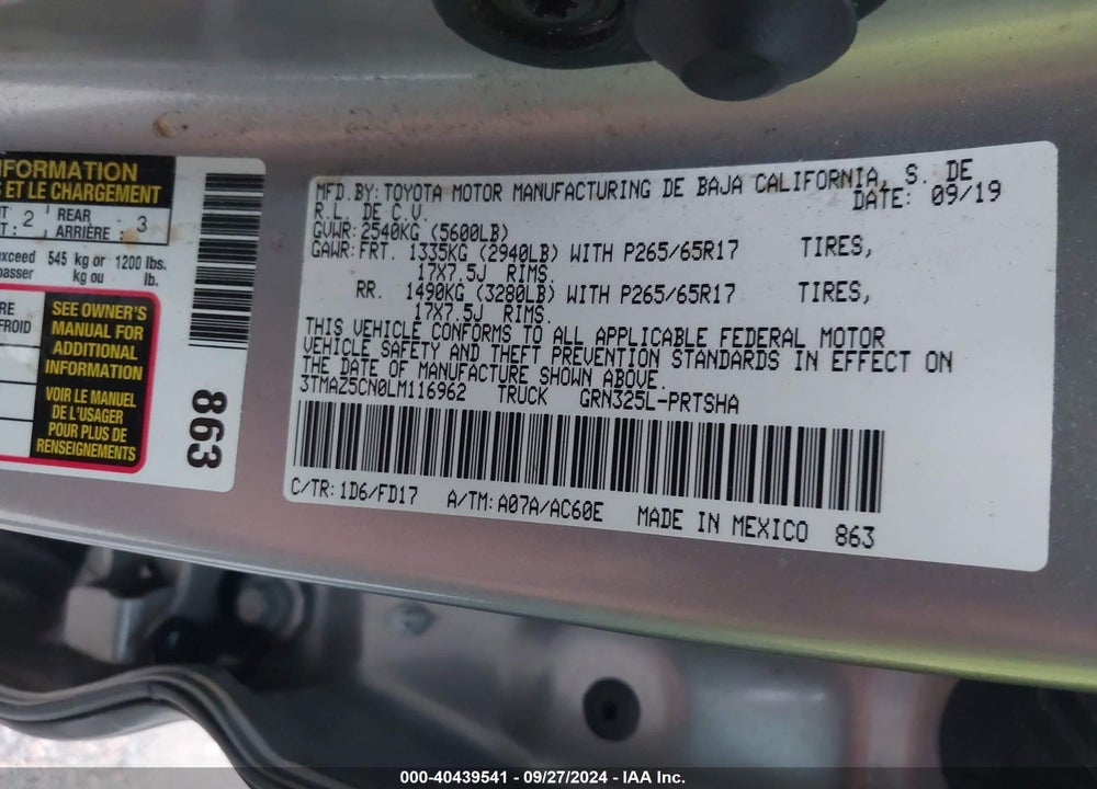 2020 TOYOTA TACOMA TRD SPORT VIN: 3TMAZ5CN0LM116962