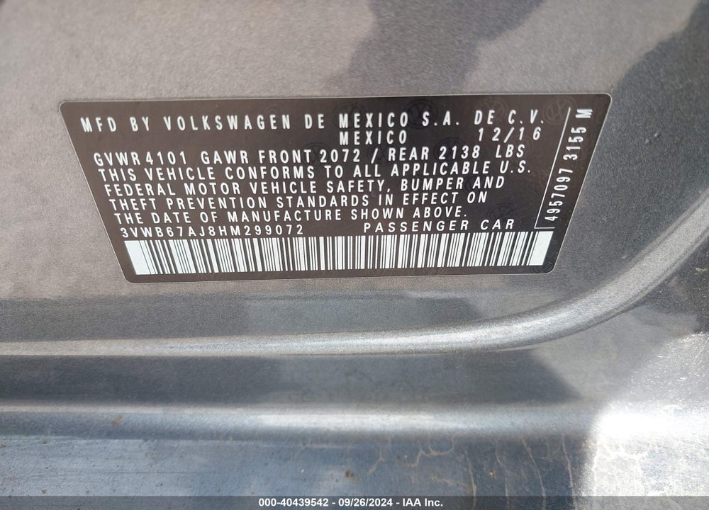 2017 VOLKSWAGEN JETTA VIN: 3VWB67AJ8HM299072