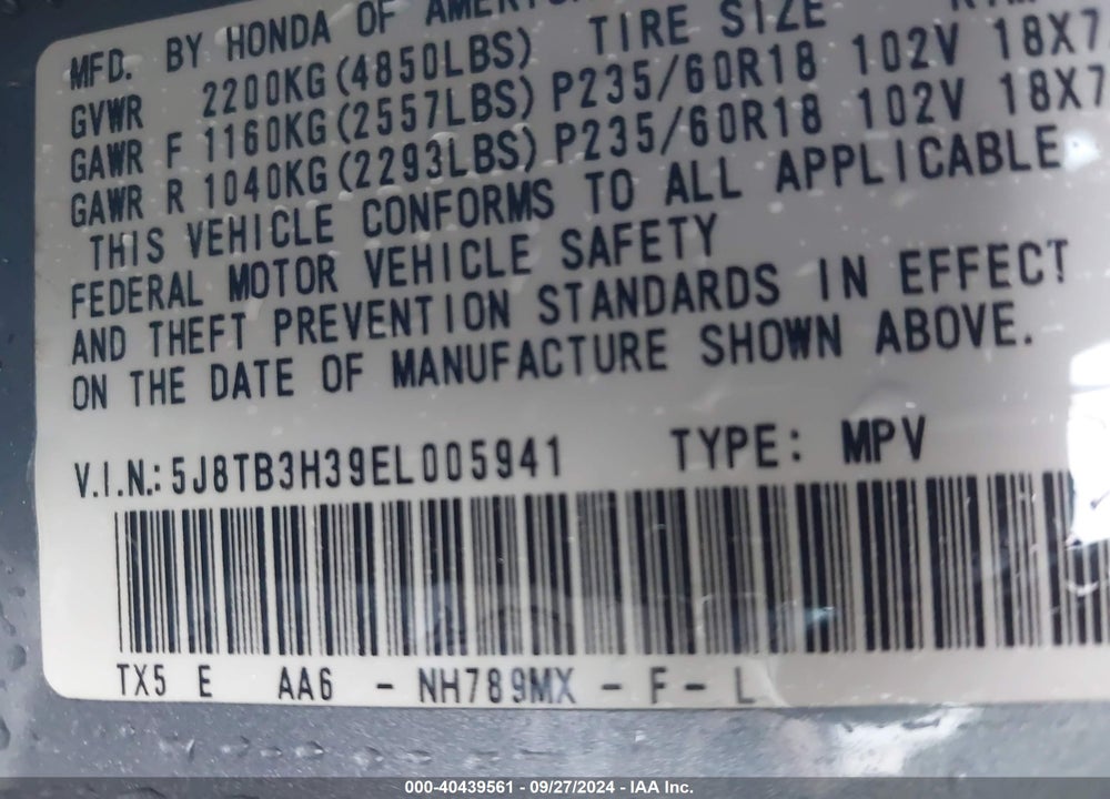 2014 ACURA RDX VIN: 5J8TB3H39EL005941