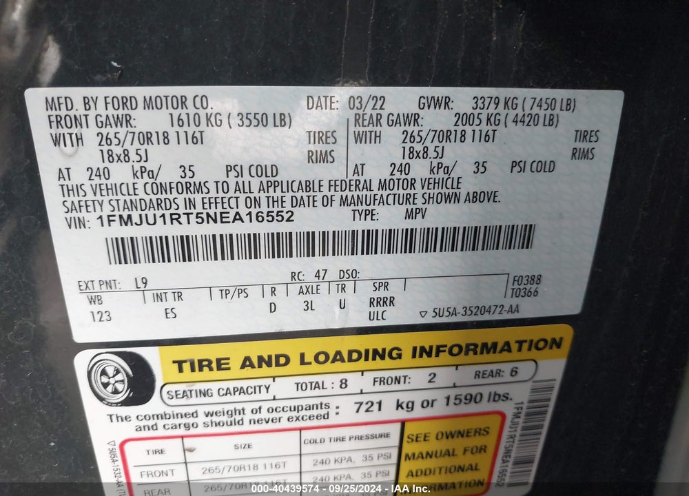 2022 FORD EXPEDITION TIMBERLINE VIN: 1FMJU1RT5NEA16552