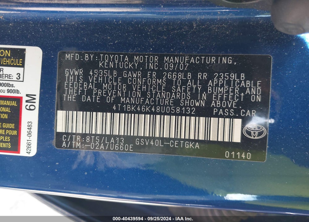 2008 TOYOTA CAMRY XLE V6 VIN: 4T1BK46K48U058132