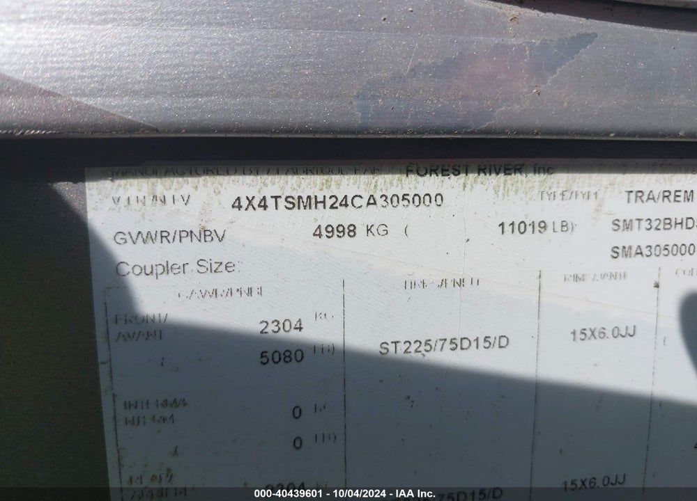 2012 SALEM TOWABLES OTHER VIN: 4X4TSMH24CA305000