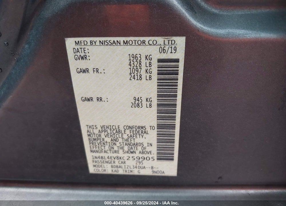 2019 NISSAN ALTIMA VIN: 1N4BL4EV8KC259905